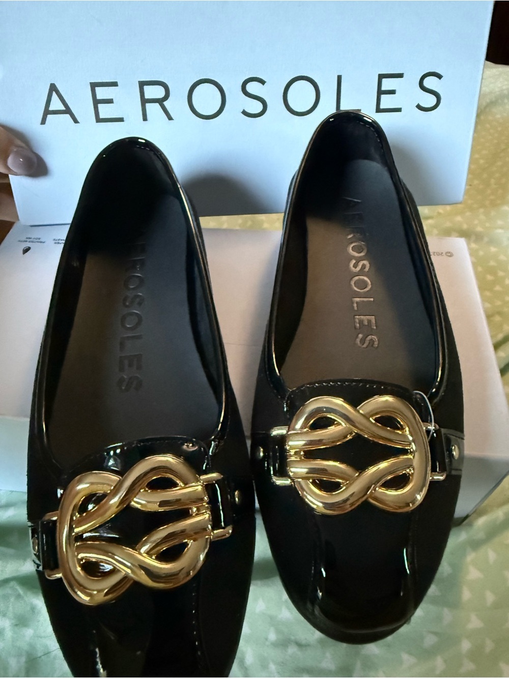 AEROSOLES Black Patent Loafers with Gold Knot Detail